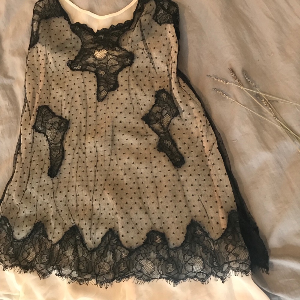 Vintage Champagne & Black Lace Overlay Slip